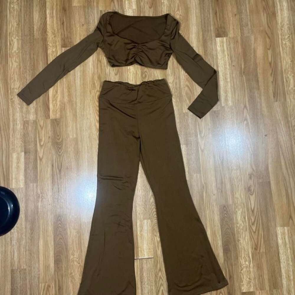 SHEIN Chocolate Brown Ruched Two-Piece Set Crop Top and Flare Leggings
